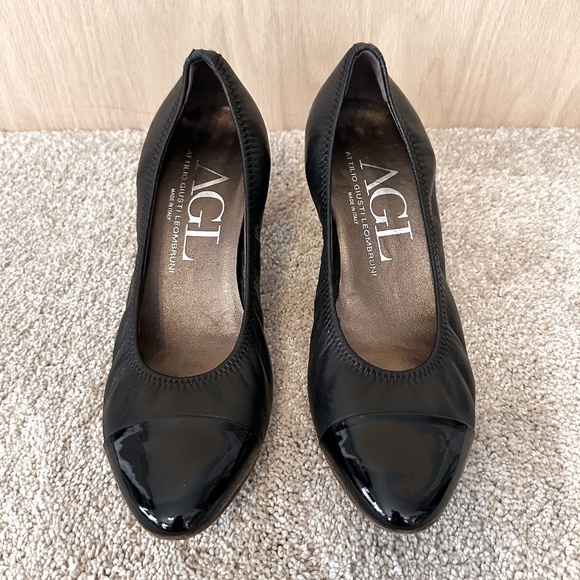 AGL Cap Toe Black Leather Pump Elastic Topline Block Heel - Picture 4 of 15